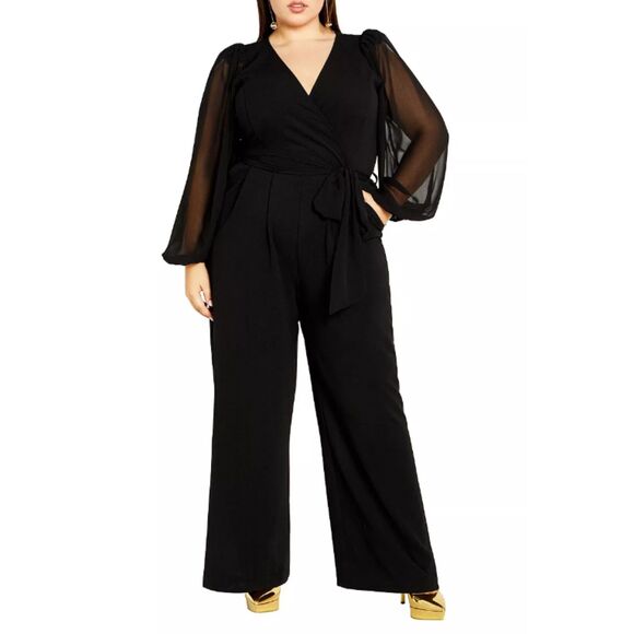 City Chic Jumpsuit Black 22 Black Wrap Wide Leg V Neck Belted Semi Formal Romper - Picture 1 of 5